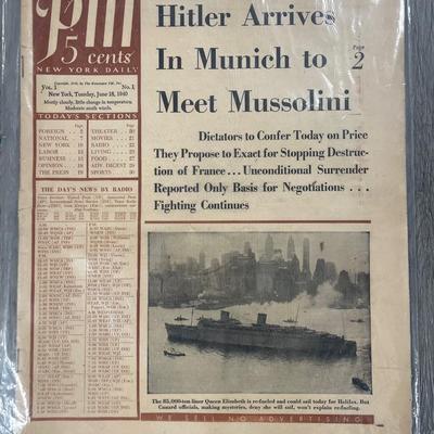 Newspaper: WW2 PM New York Daily/ June 1940/ Hitler Arrives Munich to Meet Mussolini