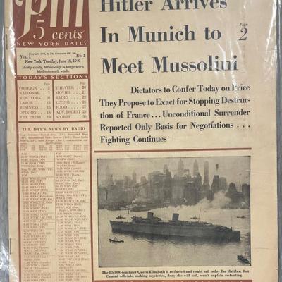 Newspaper: WW2 PM New York Daily/ June 1940/ Hitler Arrives Munich to Meet Mussolini