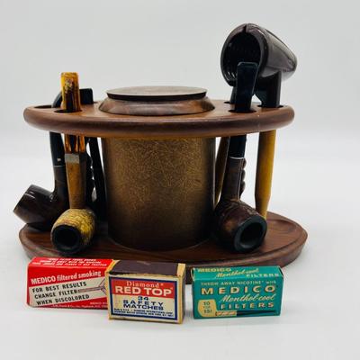 Vintage 1960s Fairfax Walnut Pipe Stand With Pipes