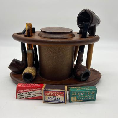 Vintage 1960s Fairfax Walnut Pipe Stand With Pipes
