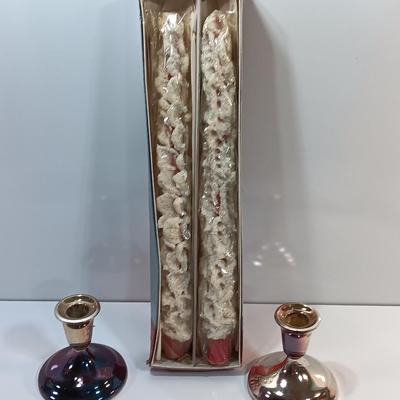 Two Vintage Jewels of Light Glitter tapered candles and 2 silver colored Candle sconces..