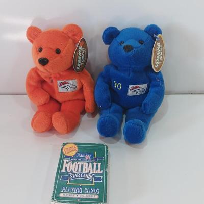 Two beanie like Salvin's Bammers collectible team bears - Broncos with a deck of football playing cards