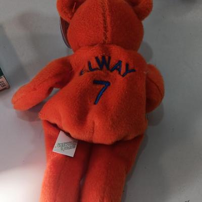 Two beanie like Salvin's Bammers collectible team bears - Broncos with a deck of football playing cards