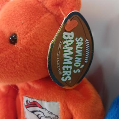 Two beanie like Salvin's Bammers collectible team bears - Broncos with a deck of football playing cards