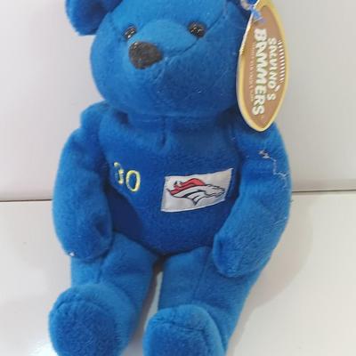 Two beanie like Salvin's Bammers collectible team bears - Broncos with a deck of football playing cards