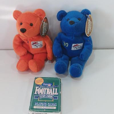 Two beanie like Salvin's Bammers collectible team bears - Broncos with a deck of football playing cards