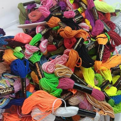 Multi Color Embroidery Floss / thread with crafting projects in a small plastic tote