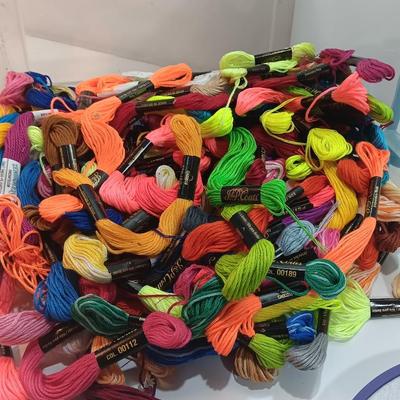 Multi Color Embroidery Floss / thread with crafting projects in a small plastic tote