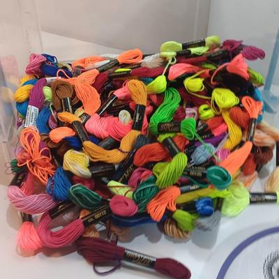 Multi Color Embroidery Floss / thread with crafting projects in a small plastic tote
