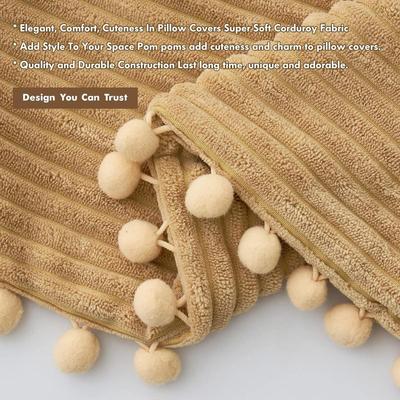 2 Boho Decorative Tan Throw Pillows w/ Pom-Poms (New in Box)