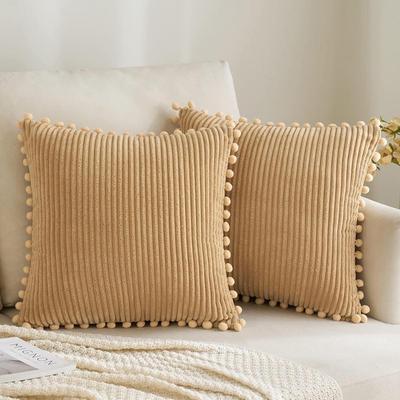 2 Boho Decorative Tan Throw Pillows w/ Pom-Poms (New in Box)