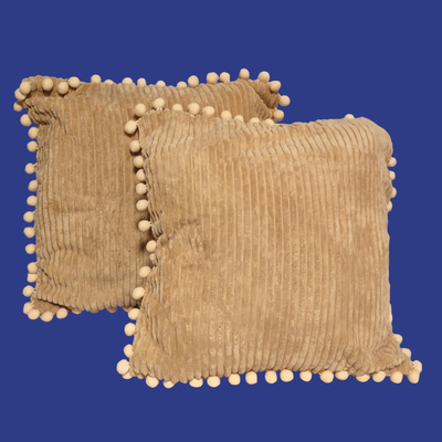 2 Boho Decorative Tan Throw Pillows w/ Pom-Poms (New in Box)