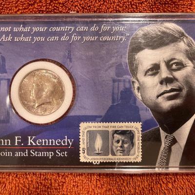 John F. Kennedy Coin and Stamp Set, with 90% Silver Coin