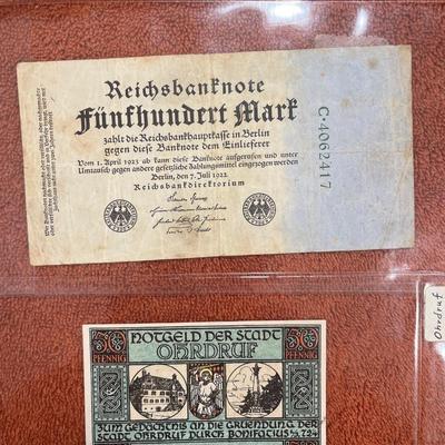 1 German Bank Note and 1 German Notgeld