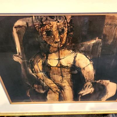 Lot #136  Abstract Watercolor - Man w/dog