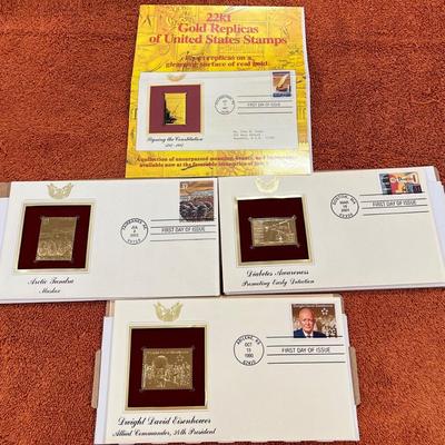 3 22KT Gold Replicas Of United States Stamp With Paper Work