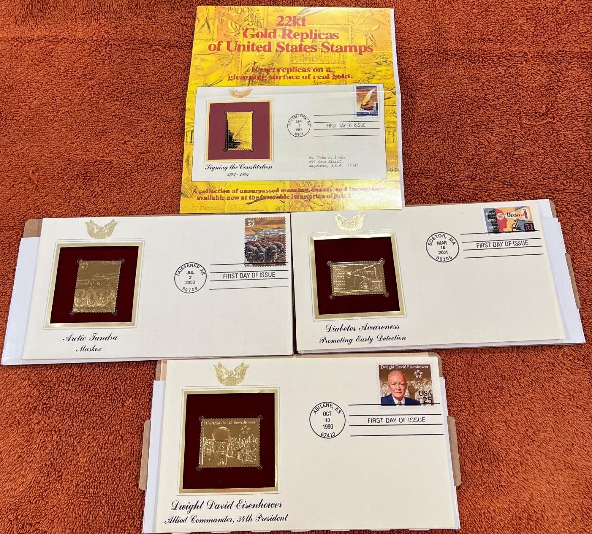 3 22KT Gold Replicas Of United States Stamp With Paper Work