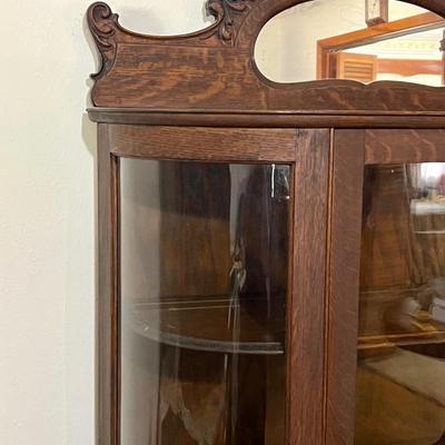 Antique Victorian Oak Wood Curved Glass China Display