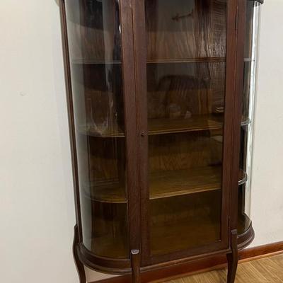 Antique Victorian Oak Wood Curved Glass China Display