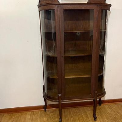 Antique Victorian Oak Wood Curved Glass China Display