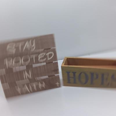 Stay rooted in Faith slat wood wall hanging and a Hopes and Blessings box