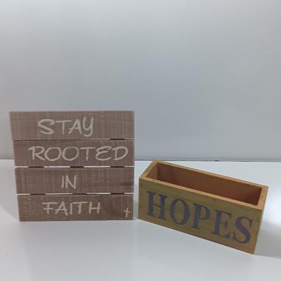 Stay rooted in Faith slat wood wall hanging and a Hopes and Blessings box