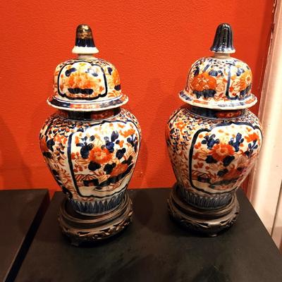 Lot #164  Pair of Antique Chinese Imari Porcelain Vases on Stands