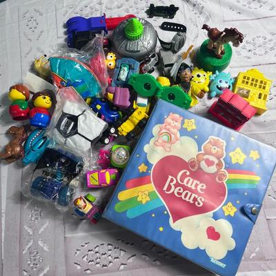 CARE BEARS SECTIONED STORAGE BOX AND MANY SMALL TOYS