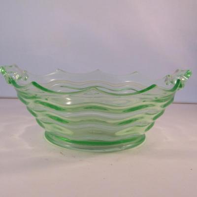 Vintage Uranium Glass Rippled Bowl with Handles- Approx 3 1/4