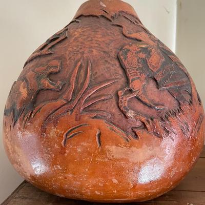 Folk Art Gourd Art Large Heavily Carved