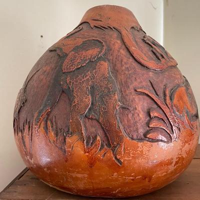 Folk Art Gourd Art Large Heavily Carved