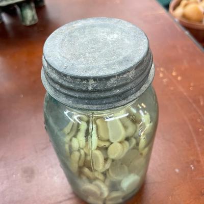No. 13 Blue Ball Jar with Zinc Lid and Trinkets