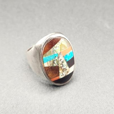 Lot #184  Men's Sterling Silver, Turquoise, and Abalone Ring, size 9