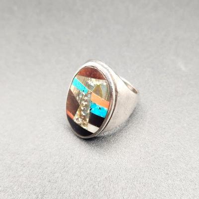 Lot #184  Men's Sterling Silver, Turquoise, and Abalone Ring, size 9