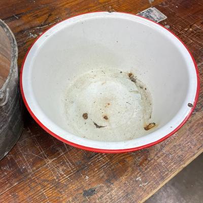 Galvenized Pail and Enamelware Bowl