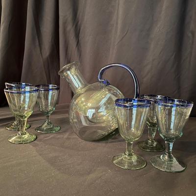 Modern Hand blown Glass Pitcher & Matching Stemmed Glasses (K-RG)
