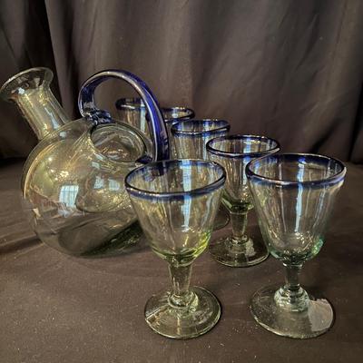 Modern Hand blown Glass Pitcher & Matching Stemmed Glasses (K-RG)
