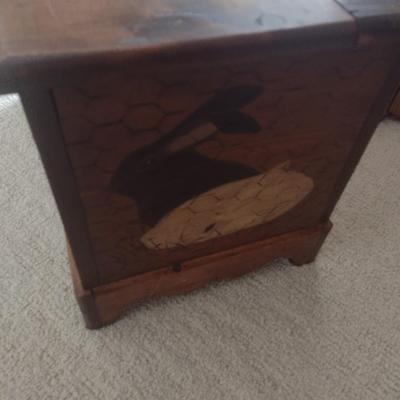 Hand Crafted Pine Wood Lidded Chest with Painted Rabbits