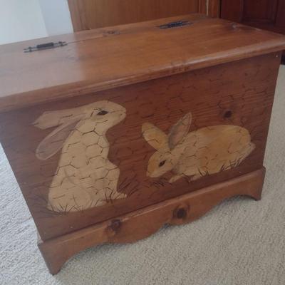 Hand Crafted Pine Wood Lidded Chest with Painted Rabbits