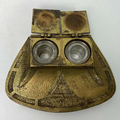  art deco CAST IRON INKWELL DESK STAND