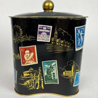  vintage WEST GERMAN BISCUIT CANDY ADVERTISING TIN 1950s postage stamp graphics