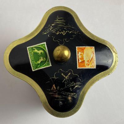  vintage WEST GERMAN BISCUIT CANDY ADVERTISING TIN 1950s postage stamp graphics