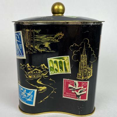  vintage WEST GERMAN BISCUIT CANDY ADVERTISING TIN 1950s postage stamp graphics