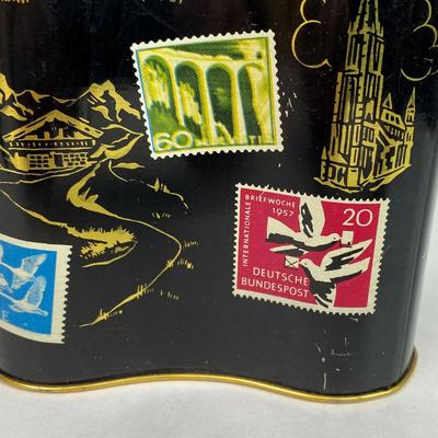  vintage WEST GERMAN BISCUIT CANDY ADVERTISING TIN 1950s postage stamp graphics