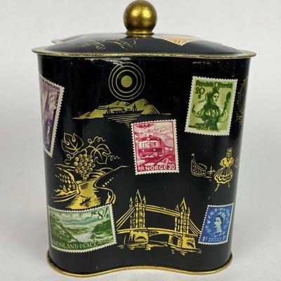  vintage WEST GERMAN BISCUIT CANDY ADVERTISING TIN 1950s postage stamp graphics