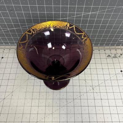 Purple Amethyst Gold Rimmed Class Compote/Footed Bowl 
