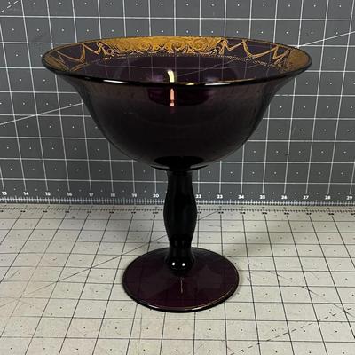 Purple Amethyst Gold Rimmed Class Compote/Footed Bowl 
