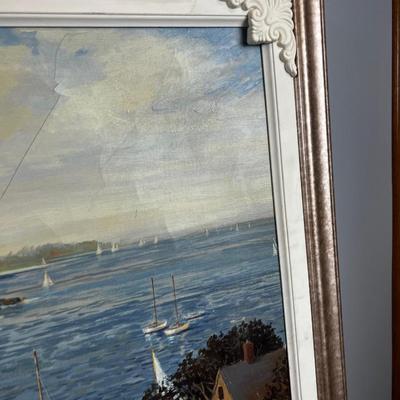 By Jacque. Large Sea Side Light House Oil on Canvas