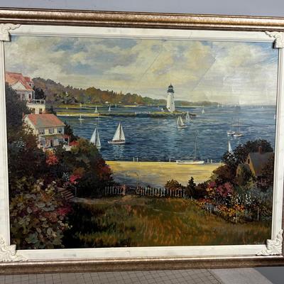By Jacque. Large Sea Side Light House Oil on Canvas