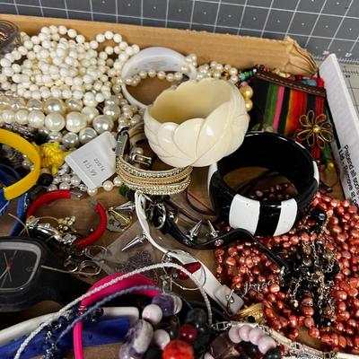  Tray of Used Jewelry including Red, White and Blue Watches